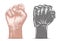 Vector engraved style illustration for posters, decoration and print. Hand drawn sketch of human and robot fist gesture in