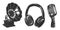 Vector engraved vintage style sound equipment collection for logo, icons, decoration, emblem. Hand drawn sketches of headphones,