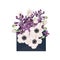 Vector envelope. anemone flowers. Paper cut art. Inscription April soon.