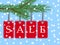 Vector eps 10 christmas sale banner with red posters with white text sale hanging from spruce tree branch. Illustration