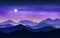 Vector evening or night landscape with blue and violet silhouettes of mountains and starry sky with moon