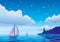 Vector evening seascape with sailboat, lighthouse and clouds in