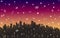 Vector evening snowy landscape city. Metropolis skyline wallpaper with snowflakes. Winter cityscape silhouette