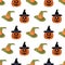 Vector evil halloween pumpkins and witch hats