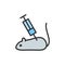 Vector experimental mouse, rat with syringe flat color line icon.