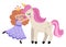 Vector fairy icon. Fantasy sorceress with crown hugging a unicorn with pink hair. Fairytale character in purple robe with stars.