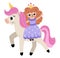 Vector fairy icon. Fantasy sorceress with crown riding a unicorn with pink hair. Fairytale character in purple robe with stars.