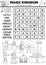 Vector fairytale black and white wordsearch puzzle for kids. Magic kingdom crossword or coloring page with fantasy creatures.