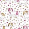 Vector fairytale seamless pattern with gold and pink glitter unicorns and stars. Magic cartoon background