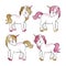 Vector fairytale set with gold and pink glitter unicorns. Magic cartoon collection on white background