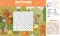 Vector fall season wordsearch puzzle for kids. Simple crossword with autumn scene and hiding forest animals for children.