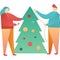 Vector family couple decorate christmas tree icon
