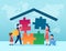 Vector of a family parents and children building a house