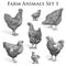 Vector Farm Animals engraving . Chickens and