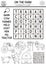 Vector on the farm black and white word search puzzle for kids. Simple farm word search line quiz. Country activity with cow,