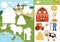 Vector on the farm cut and glue activity. Crafting game with cute rural village landscape map. Fun printable worksheet for