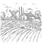 Vector Farm Engraved Style Drawing,