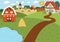 Vector farm landscape illustration. Rural village scene with barn, country house, tractor. Cute spring or summer nature background