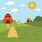 Vector farm landscape illustration. Rural village scene with barn, tractor, hay stack. Cute spring or summer square nature