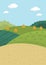 Vector farm landscape illustration. Rural village scene with hills, forest, hay stack. Cute spring or summer vertical nature