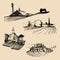 Vector farm landscapes illustrations set. Sketches of villa, vineyard, abbey, agricultural homestead in mountains,hills.