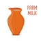 Vector farm milk in clay pottery jar. Cartoon jug