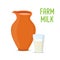 Vector farm milk in clay pottery jar, glass cup