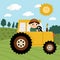 Vector farm scene with farmer driving tractor. Country landscape with transportation, driver, sun. Funny rural field and forest