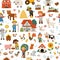 Vector farm seamless pattern. Rural countryside repeat background with funny farmers, barn, country house, animals, birds, tractor