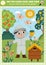 Vector farm searching game with rural village landscape and farmer. Spot hidden bees in the picture. Simple on the farm seek and