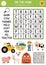 Vector on the farm word search puzzle for kids. Simple farm word search quiz for children. Country educational activity with cow,