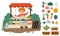 Vector farmer selling fruit and vegetables in a street stall icon. Cute farm market scene. Rural country landscape. Child vendor