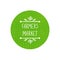 Vector Farmers Market Logo Template, Green Textured Circle and Hand Drawn Letters in Vignette with Stilyzed Doodle Leaves.