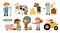 Vector farmers set. Cute kids doing agricultural work. Rural country scenes. Children gathering hay, feeding animals, beekeeping,