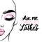 Vector fashion card with lashes quote and woman portrait with plump lips, black brows and pink makeup