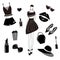 Vector fashion collection,set. Girls stylish accessory, cosmetic, woman stuff. Dress, bag,lipstick,sunglass,hat, underwear, hair a