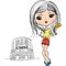 Vector fashion cute girl with cinema ticket