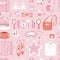 Vector fashion girl clothing and accessories shopping items and beautiful cosmetic or makeup seamless pattern