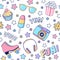 Vector fashion seamless pattern with ice cream, roller skates, headphones, photo camera, stars, popcorn and sunglasses. Colorful