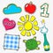 Vector fasion patch set on white background. Cartoon pin with sun, apple, one, turtle, heart, good.