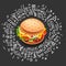 Vector Fast food Burger Icon, isolated on black background. Junk Food Burger with cheese, meat, greens. Delishious