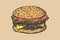 Vector fast food illustration. Retro hand drawn burger sign. Fast food icon. Fast food emblem. Burger bar sign. Burger bistro logo