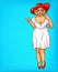 Vector fat, obese blonde pin up woman in hat, pop art plus size model in white dress pointing a finger at discounts,sale