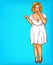 Vector fat, obese blonde pin up woman, pop art plus size model in white dress pointing a finger at discounts, sale