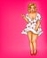 Vector fat, obese blonde pin up woman, pop art xxl, plus size model in white dress pointing a finger at discounts, sale