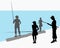 Vector female silhouettes. Teenager girl with mom fishing. A group of people. Woman in a hat and jeans with fishing rod. A girl in