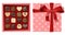 Vector festive top view coral gift open square box with red ribbon and bow and chocolates