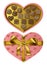 Vector festive top view coral heart shaped gift open box with golden ribbon and bow and milk chocolates isolated on white