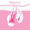 Vector fighting boxing gloves and ribbon on the pink background. Design with hanging gloves and ribbon.