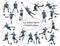 Vector figures of football players and goalkeepers team in blue T-shirts in various poses training, running, jumping, grabbing the